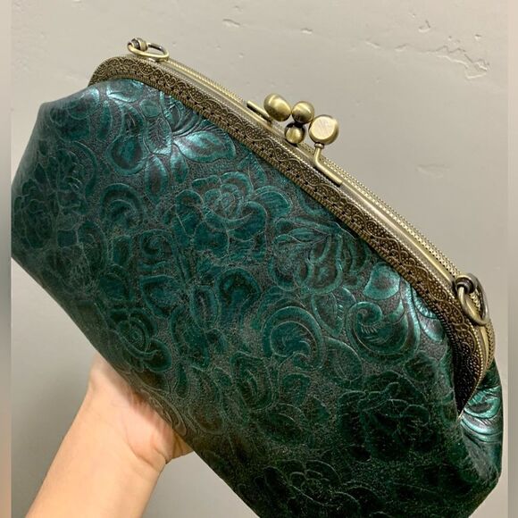 Handsewn Genuine Cowhide Floral Embossed Double Kiss-lock Bag & 2 Chain Styles - Picture 11 of 16